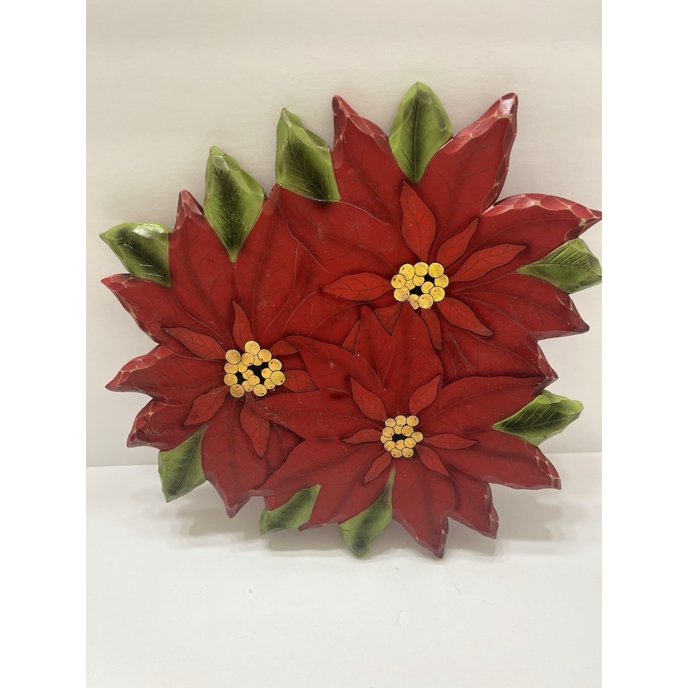 Christmas Collections Etc. Lazy Susan Wood Carved Hand Painted Poinsettia 14"